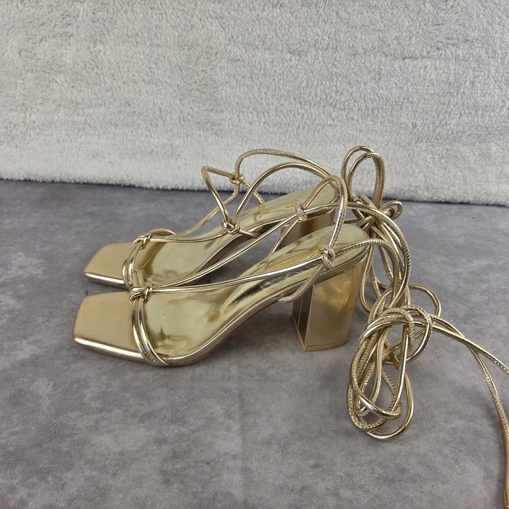 Gold Metallic Lace Up Block Heel Sandals Square Toe Strappy Ankle Tie GSS611